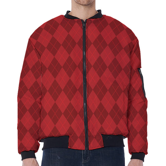 Red Argyle Pattern Print Zip Sleeve Bomber Jacket