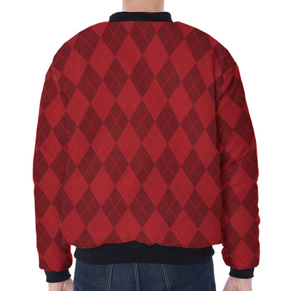 Red Argyle Pattern Print Zip Sleeve Bomber Jacket