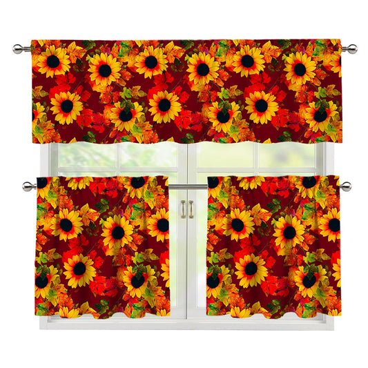 Red Autumn Sunflower Pattern Print 3 Piece Kitchen Curtains
