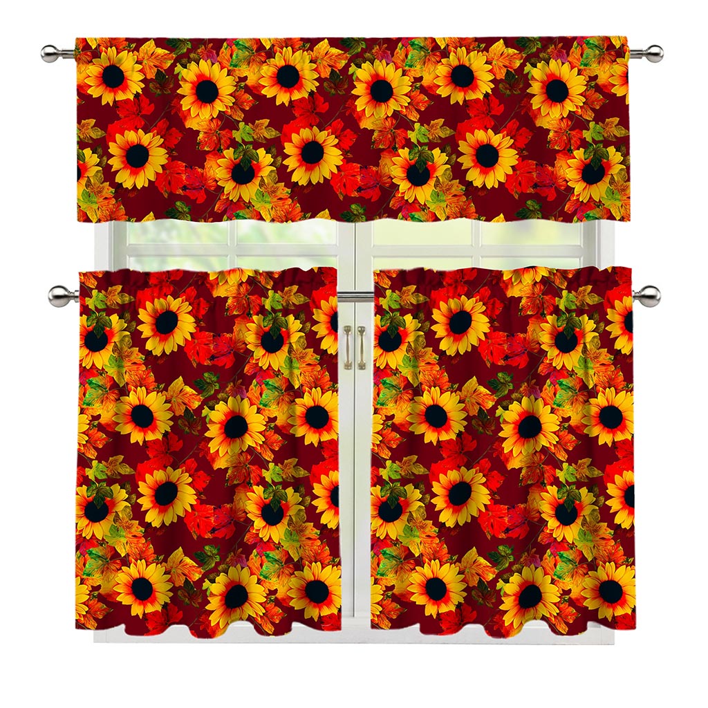 Red Autumn Sunflower Pattern Print 3 Piece Kitchen Curtains