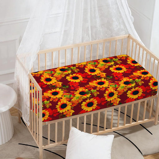 Red Autumn Sunflower Pattern Print Baby Crib Sheet