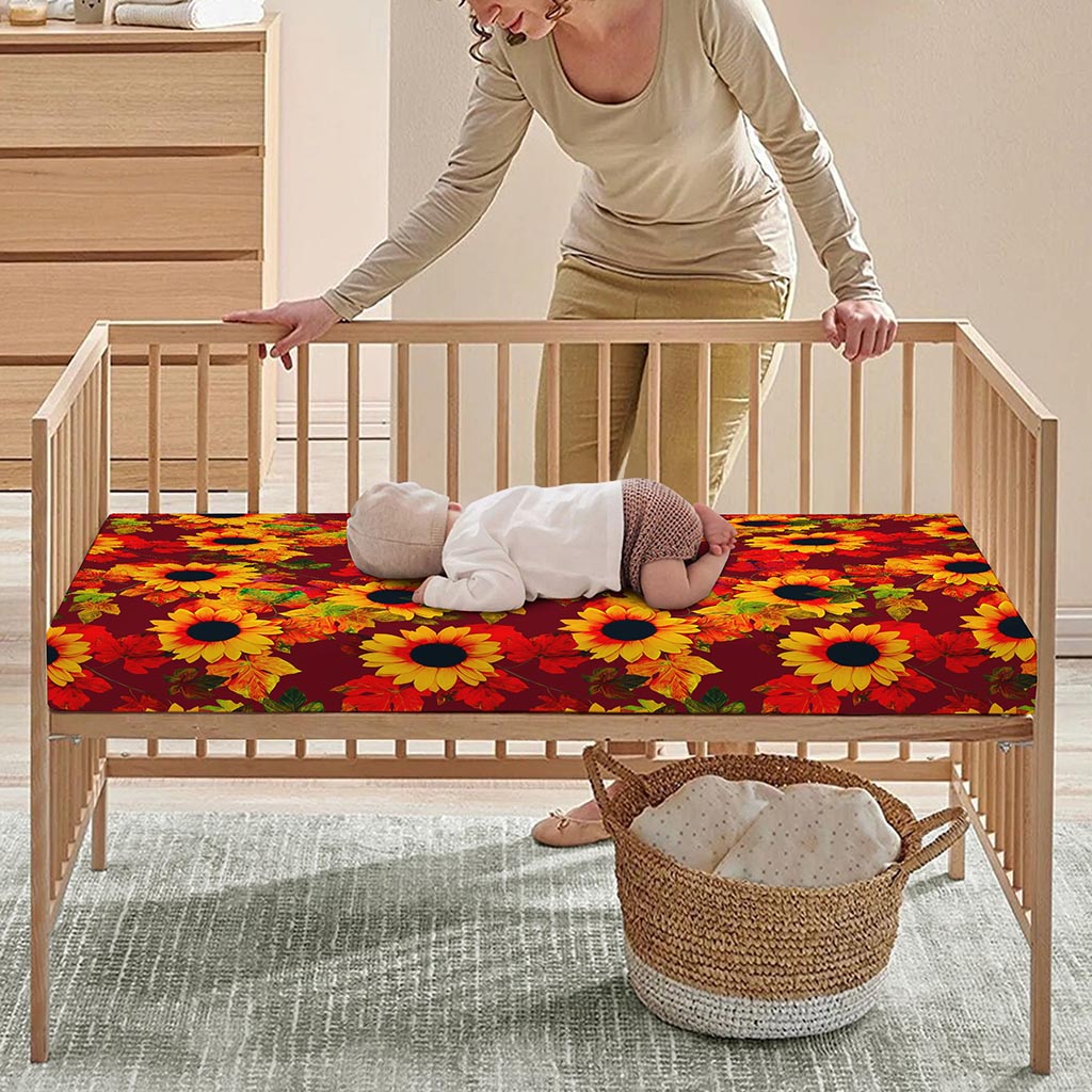 Red Autumn Sunflower Pattern Print Baby Crib Sheet