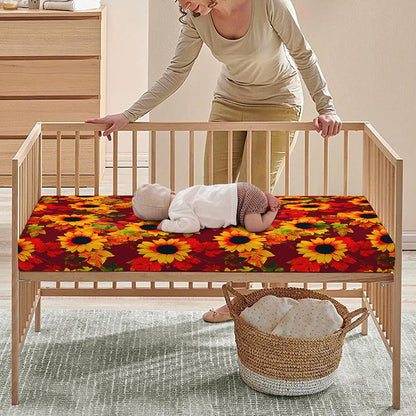 Red Autumn Sunflower Pattern Print Baby Crib Sheet