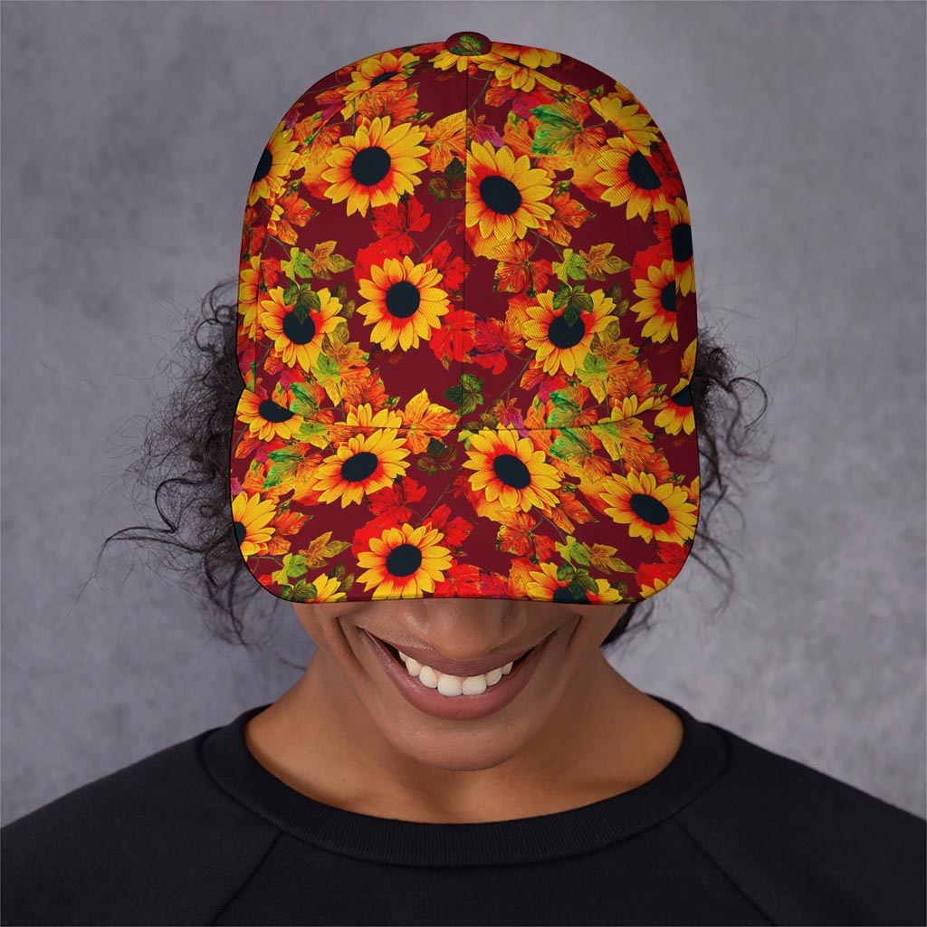 Red Autumn Sunflower Pattern Print Baseball Cap