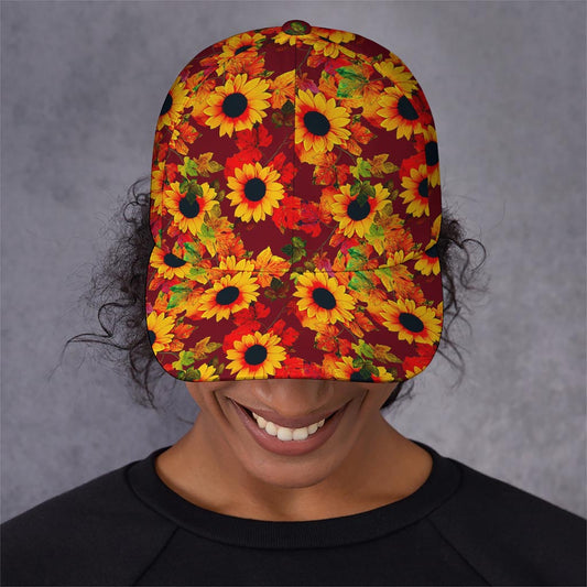 Red Autumn Sunflower Pattern Print Baseball Cap