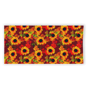 Red Autumn Sunflower Pattern Print Beach Towel