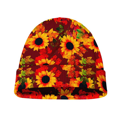 Red Autumn Sunflower Pattern Print Beanie