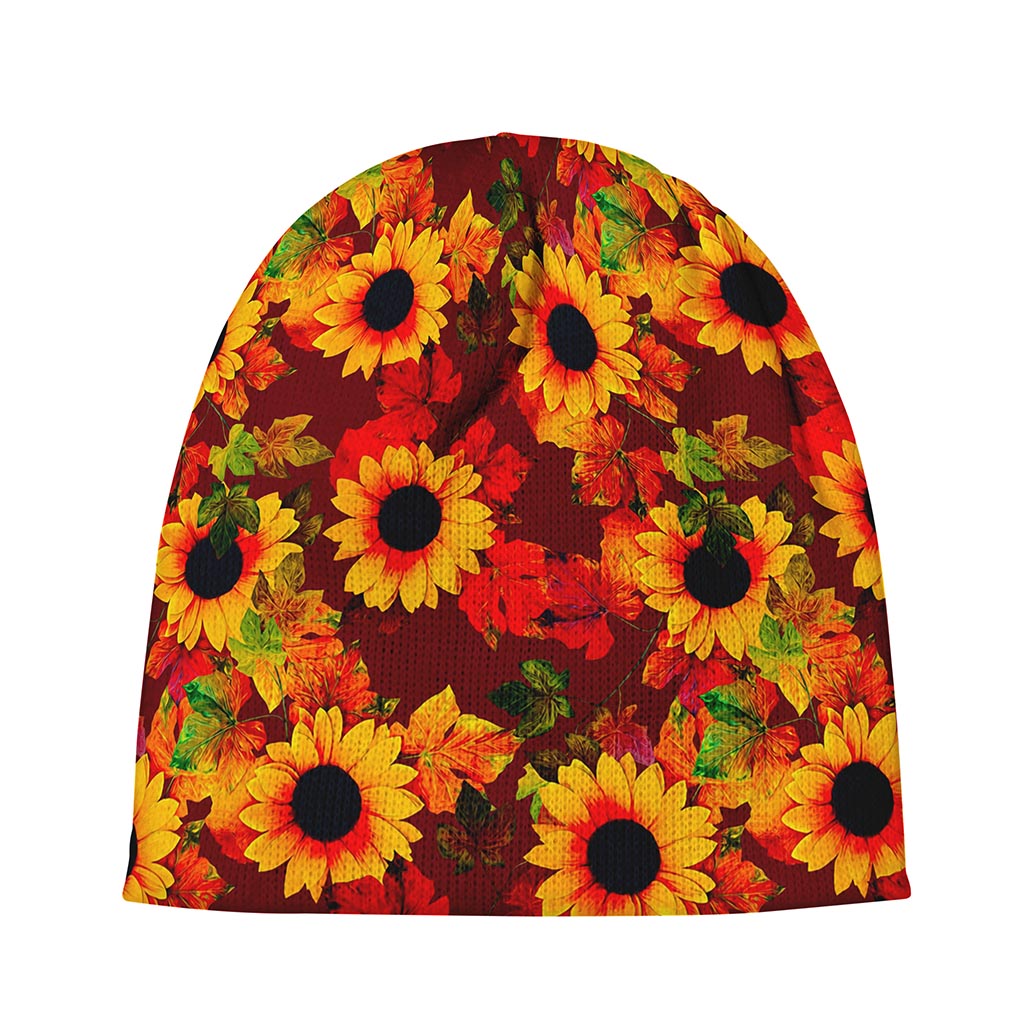 Red Autumn Sunflower Pattern Print Beanie