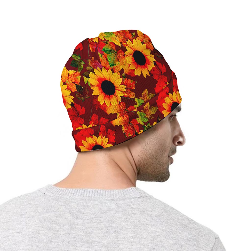 Red Autumn Sunflower Pattern Print Beanie