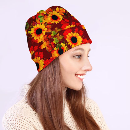 Red Autumn Sunflower Pattern Print Beanie