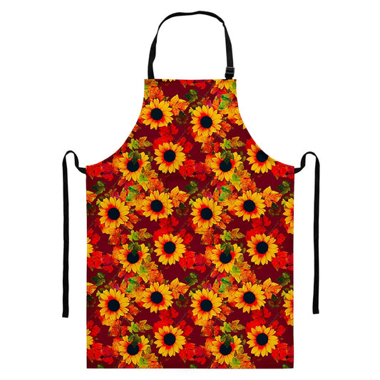 Red Autumn Sunflower Pattern Print Bib Apron With Pocket