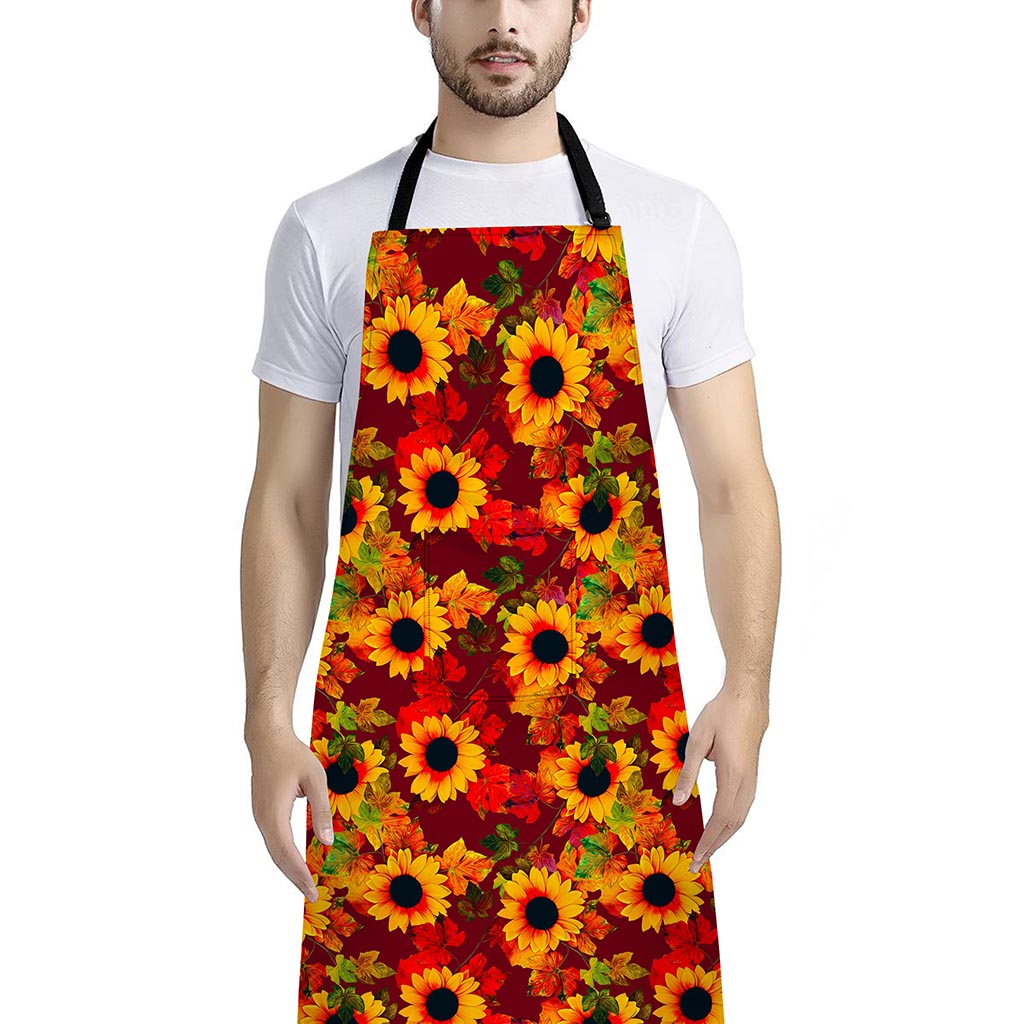 Red Autumn Sunflower Pattern Print Bib Apron With Pocket