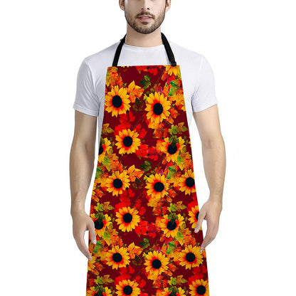Red Autumn Sunflower Pattern Print Bib Apron With Pocket