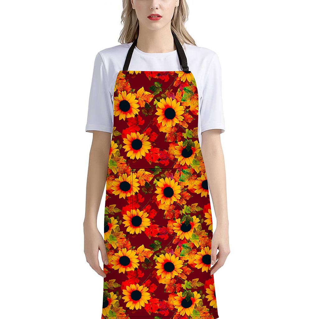 Red Autumn Sunflower Pattern Print Bib Apron With Pocket
