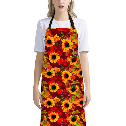 Red Autumn Sunflower Pattern Print Bib Apron With Pocket