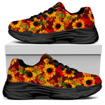 Red Autumn Sunflower Pattern Print Black Chunky Shoes