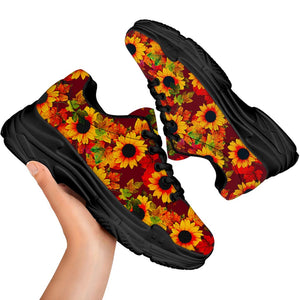 Red Autumn Sunflower Pattern Print Black Chunky Shoes