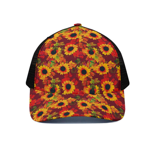 Red Autumn Sunflower Pattern Print Black Mesh Trucker Cap