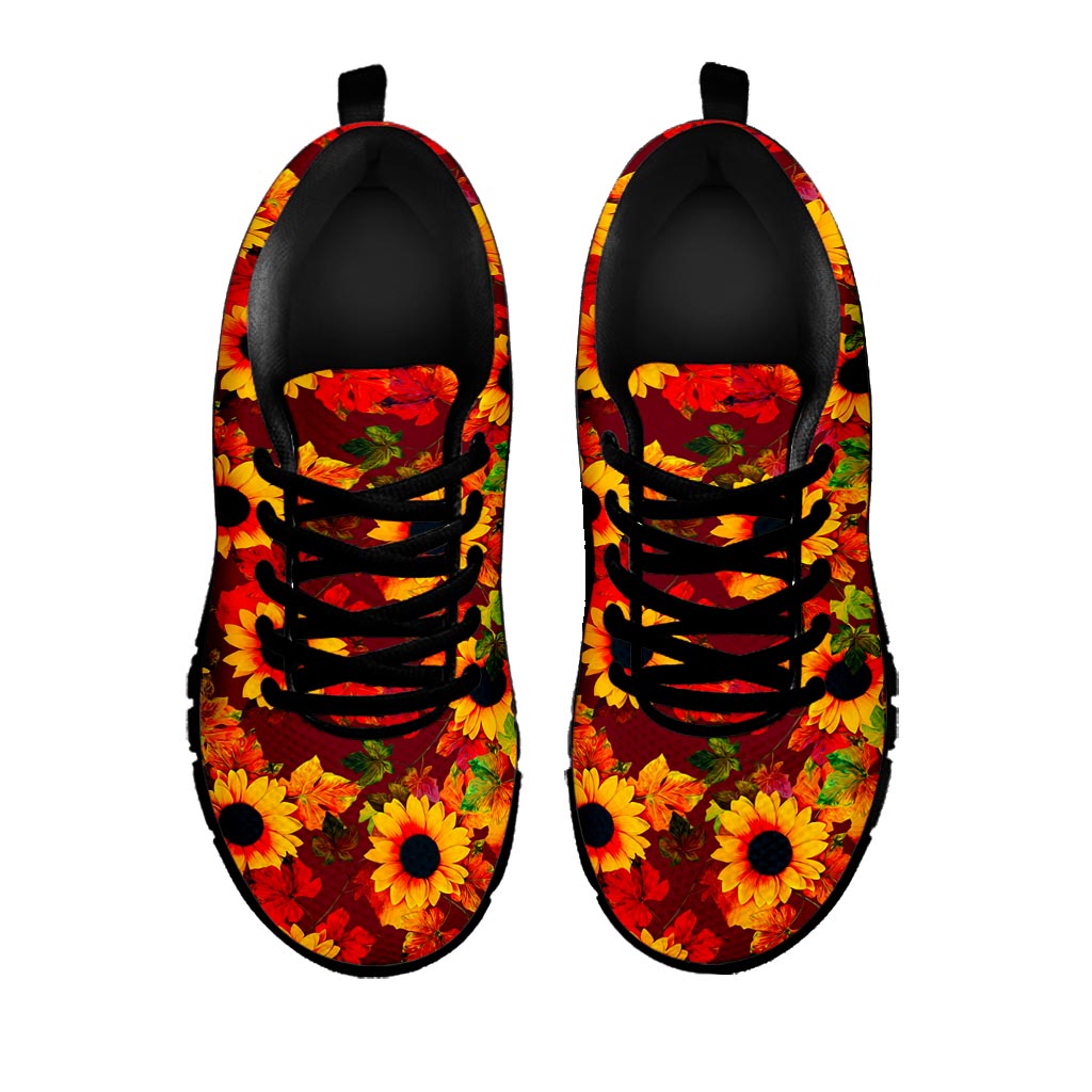 Red Autumn Sunflower Pattern Print Black Running Shoes