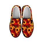 Red Autumn Sunflower Pattern Print Black Slip On Sneakers