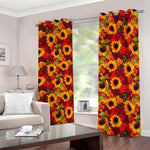 Red Autumn Sunflower Pattern Print Blackout Grommet Curtains