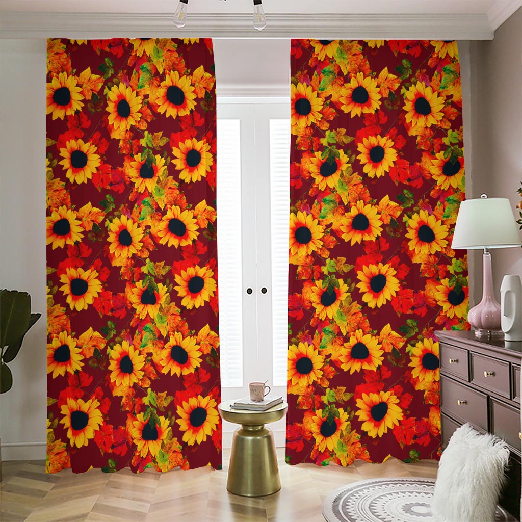 Red Autumn Sunflower Pattern Print Blackout Pencil Pleat Curtains