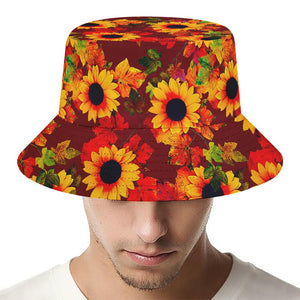 Red Autumn Sunflower Pattern Print Bucket Hat