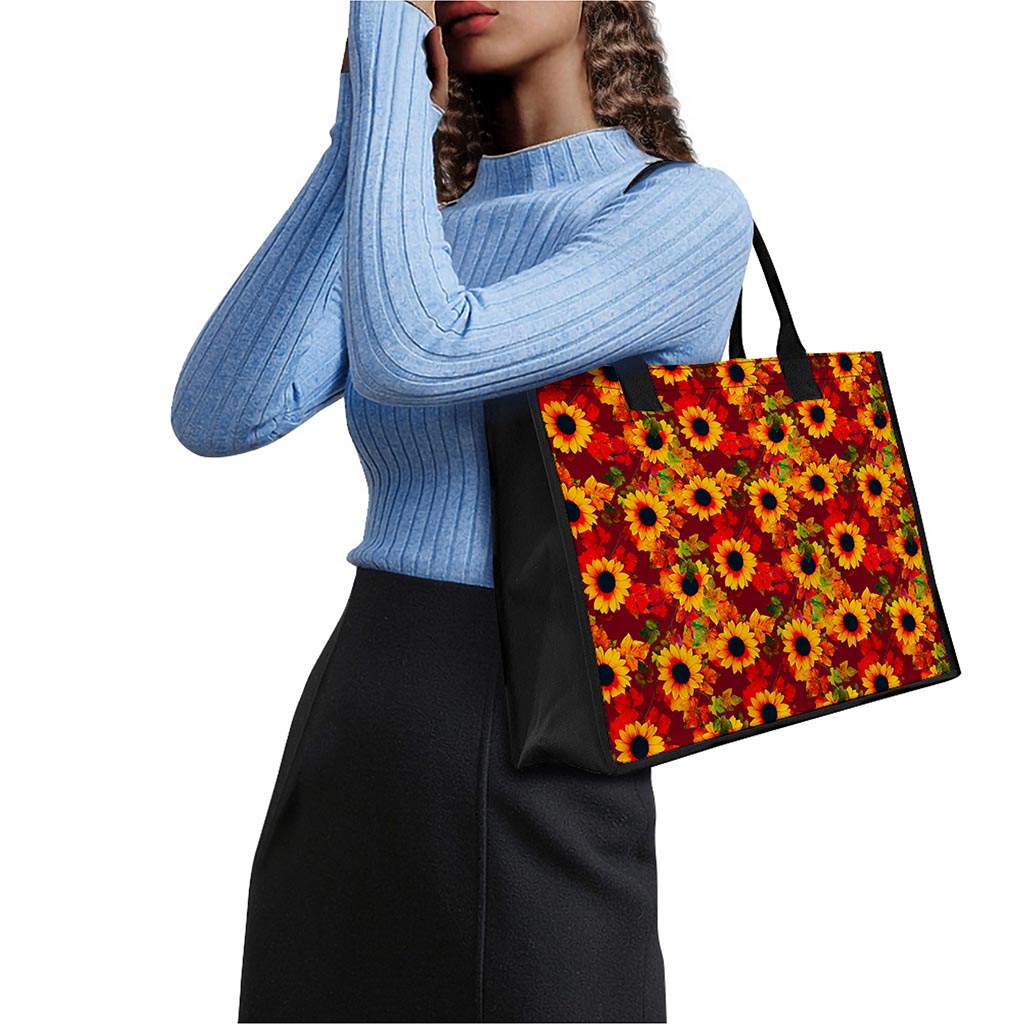 Red Autumn Sunflower Pattern Print Canvas Tote Bag