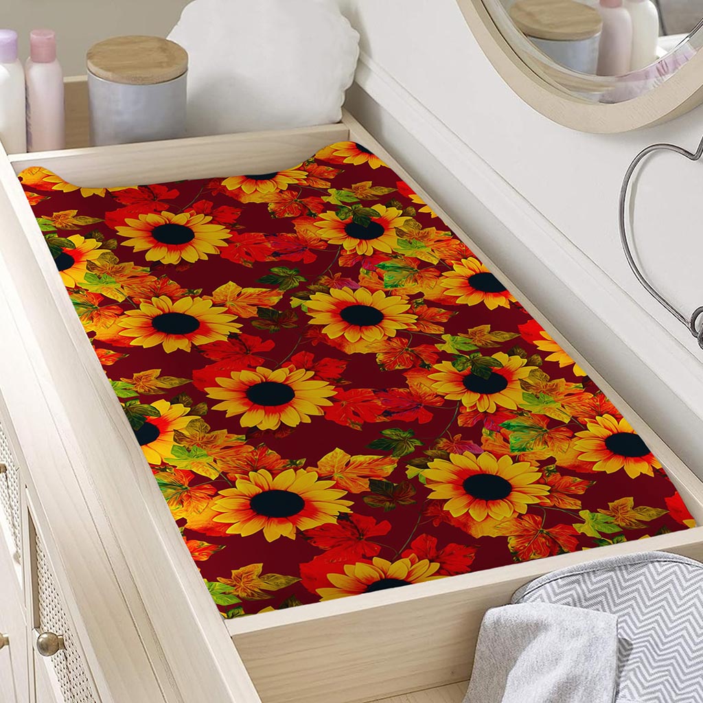 Red Autumn Sunflower Pattern Print Changing Pad Cover