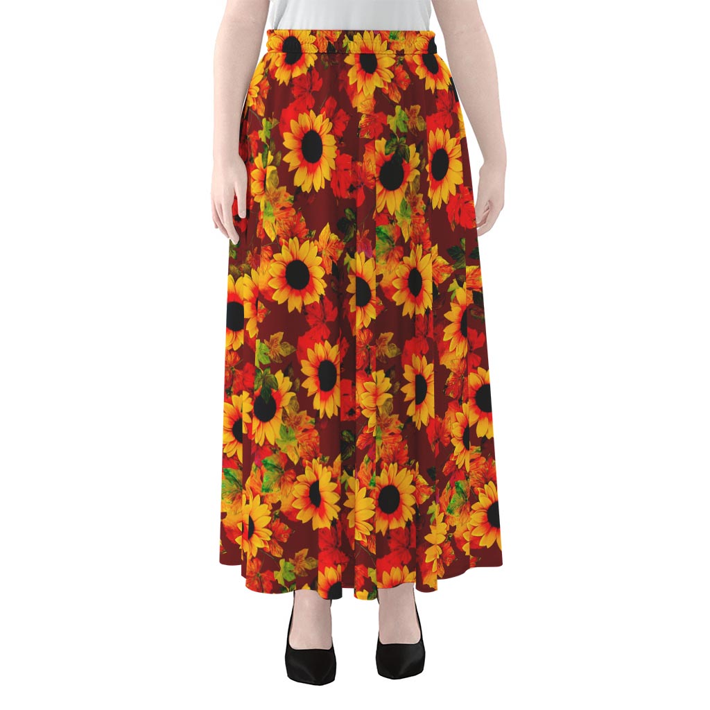 Red Autumn Sunflower Pattern Print Chiffon Maxi Skirt