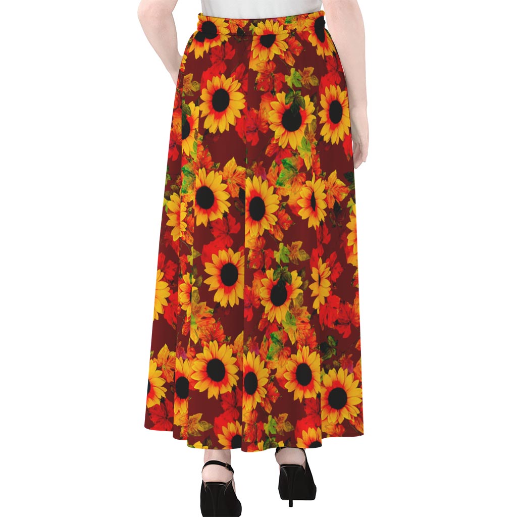 Red Autumn Sunflower Pattern Print Chiffon Maxi Skirt