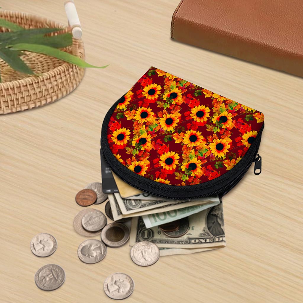 Red Autumn Sunflower Pattern Print Coin Purse
