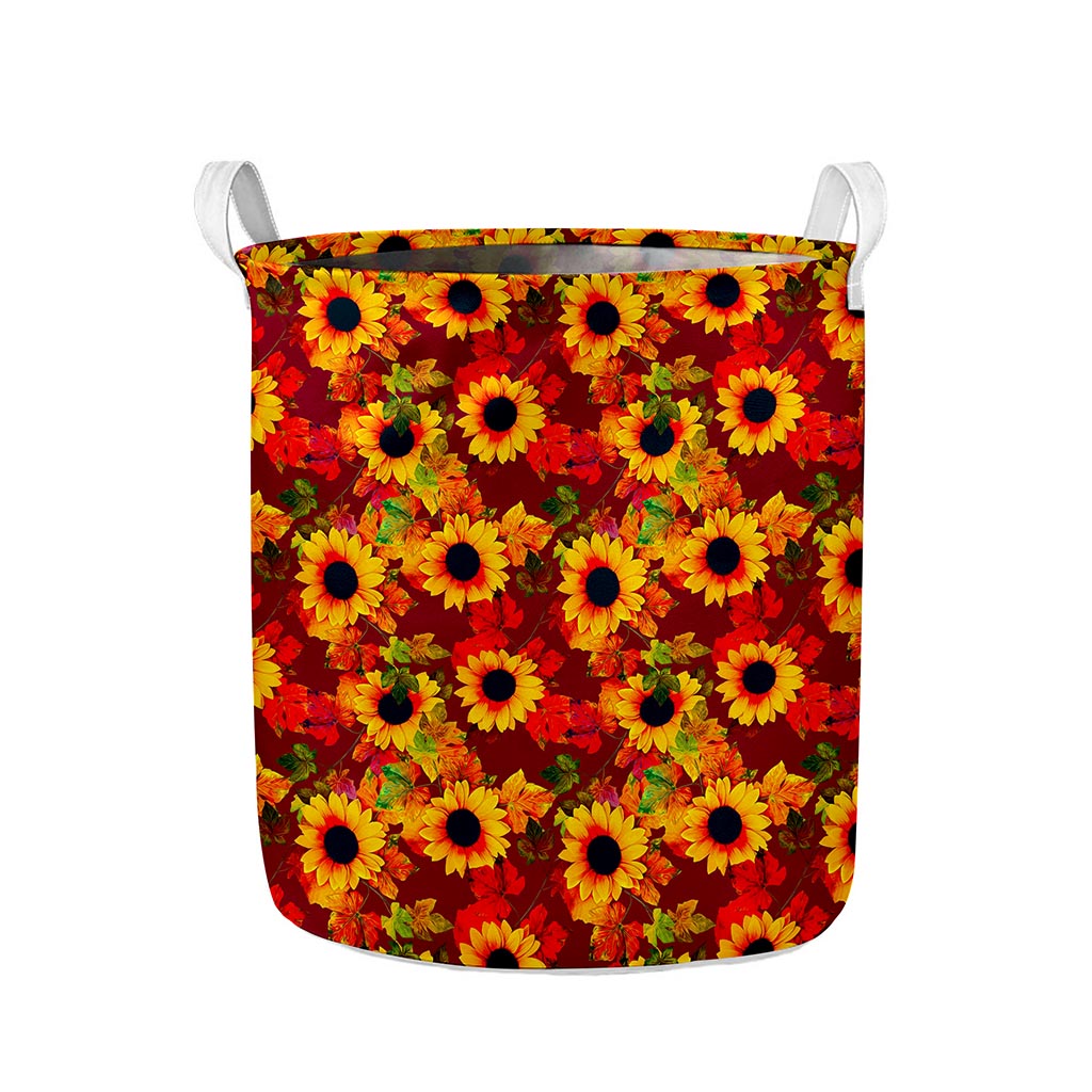 Red Autumn Sunflower Pattern Print Collapsible Laundry Basket