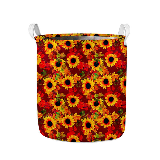 Red Autumn Sunflower Pattern Print Collapsible Laundry Basket