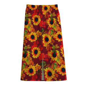 Red Autumn Sunflower Pattern Print Cotton Front Slit Maxi Skirt