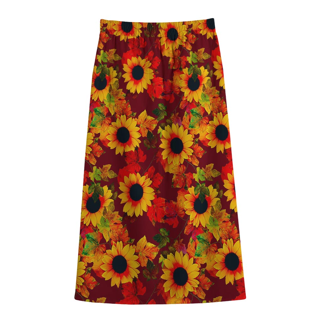 Red Autumn Sunflower Pattern Print Cotton Front Slit Maxi Skirt