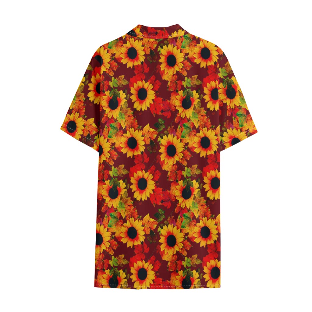 Red Autumn Sunflower Pattern Print Cotton Hawaiian Shirt