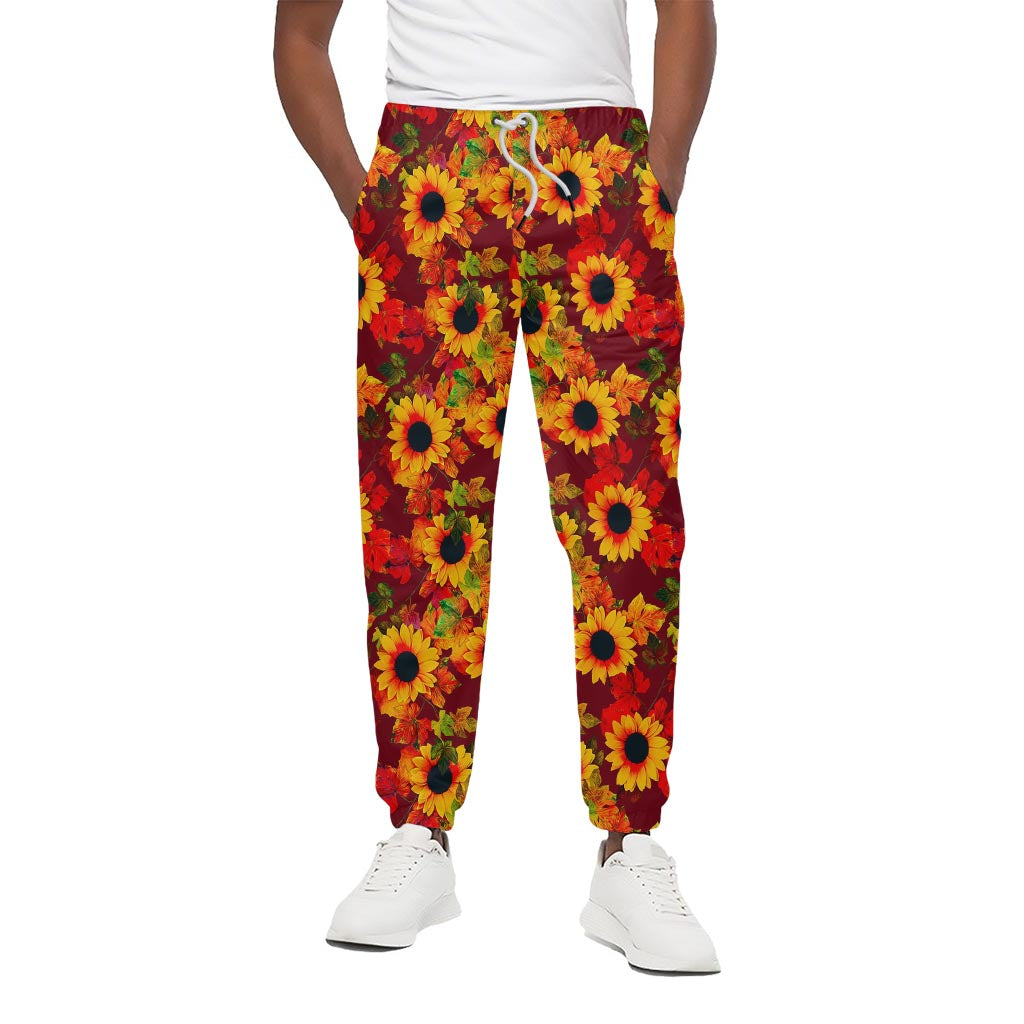 Red Autumn Sunflower Pattern Print Cotton Pants