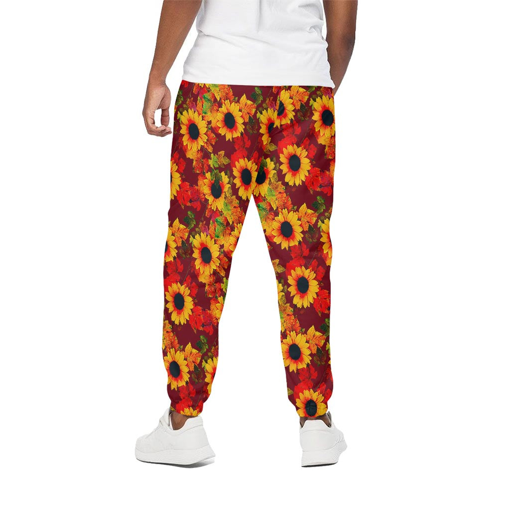 Red Autumn Sunflower Pattern Print Cotton Pants