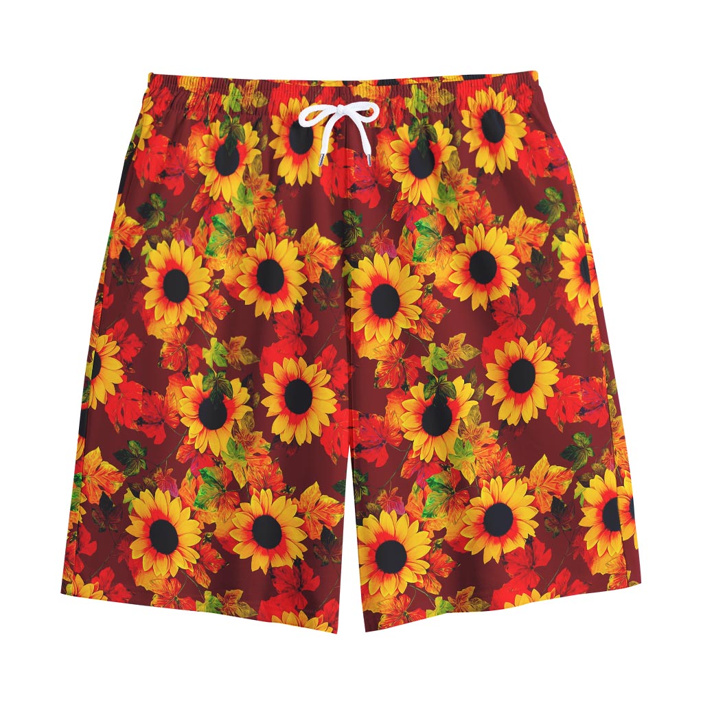 Red Autumn Sunflower Pattern Print Cotton Shorts