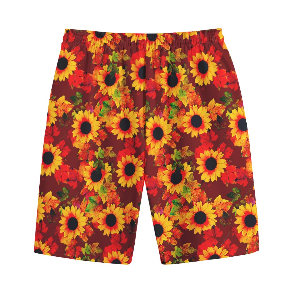 Red Autumn Sunflower Pattern Print Cotton Shorts