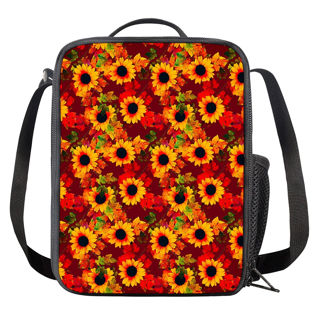 Red Autumn Sunflower Pattern Print Crossbody Lunch Bag