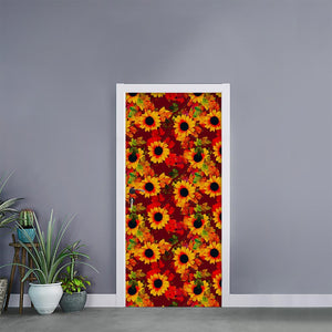 Red Autumn Sunflower Pattern Print Door Sticker