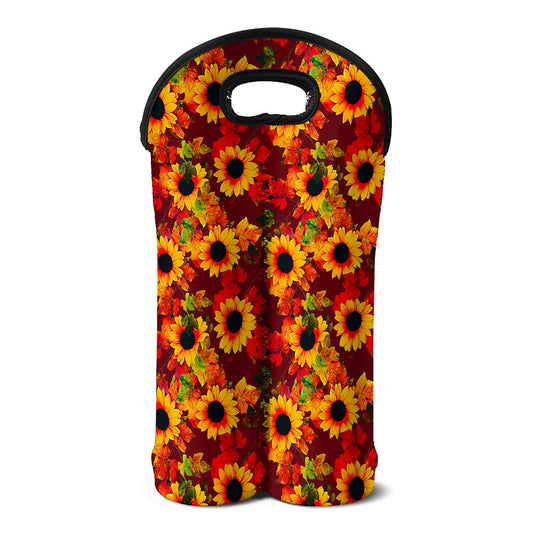Red Autumn Sunflower Pattern Print Double Neoprene Wine Tote