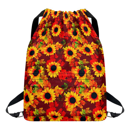 Red Autumn Sunflower Pattern Print Drawstring Backpack