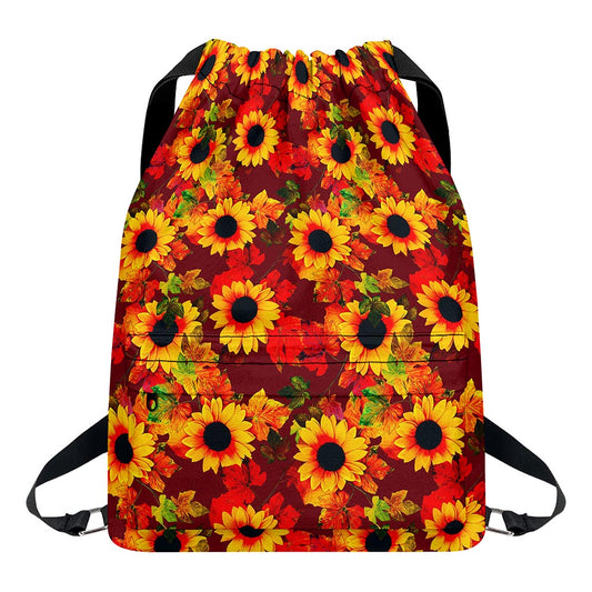 Red Autumn Sunflower Pattern Print Drawstring Backpack