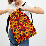 Red Autumn Sunflower Pattern Print Drawstring Backpack