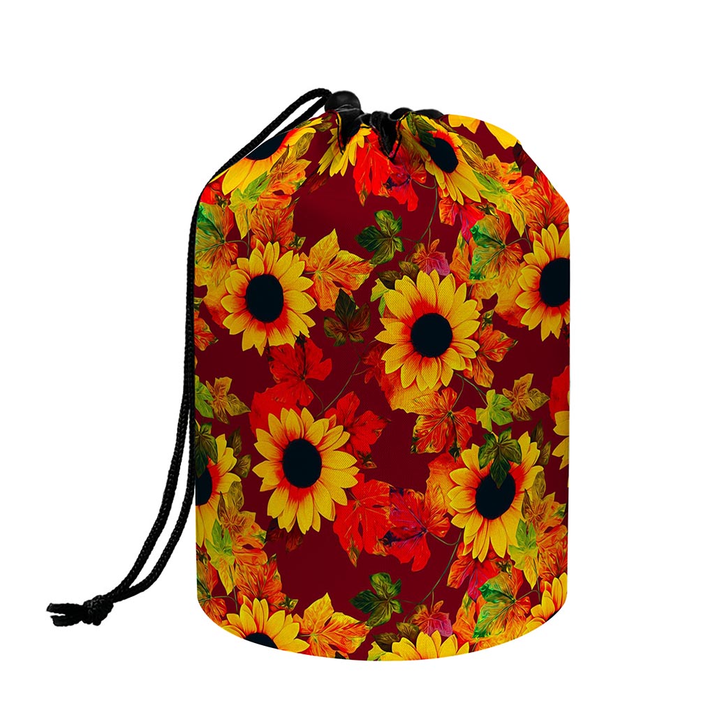 Red Autumn Sunflower Pattern Print Drawstring Makeup Bag