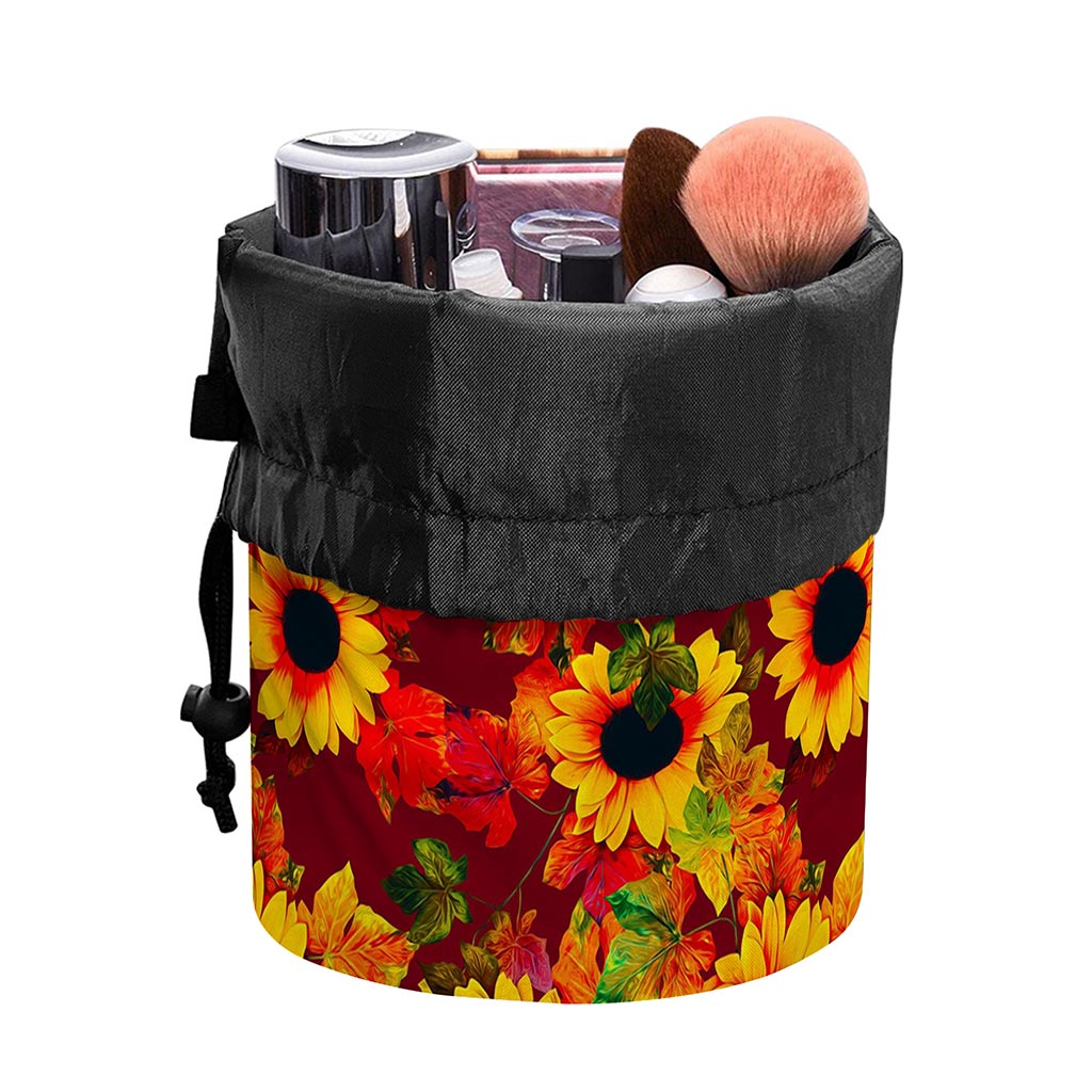Red Autumn Sunflower Pattern Print Drawstring Makeup Bag