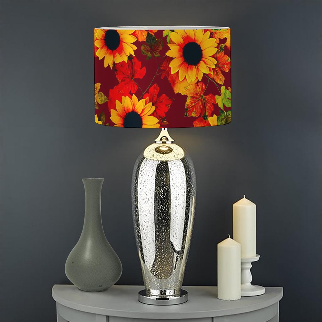 Red Autumn Sunflower Pattern Print Drum Lamp Shade